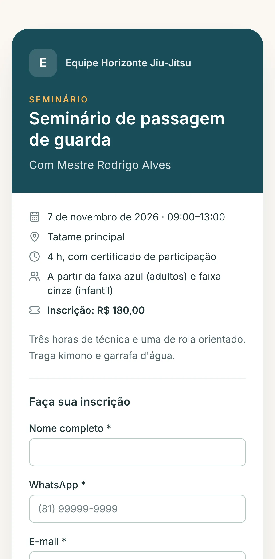 Página de inscrição de um seminário