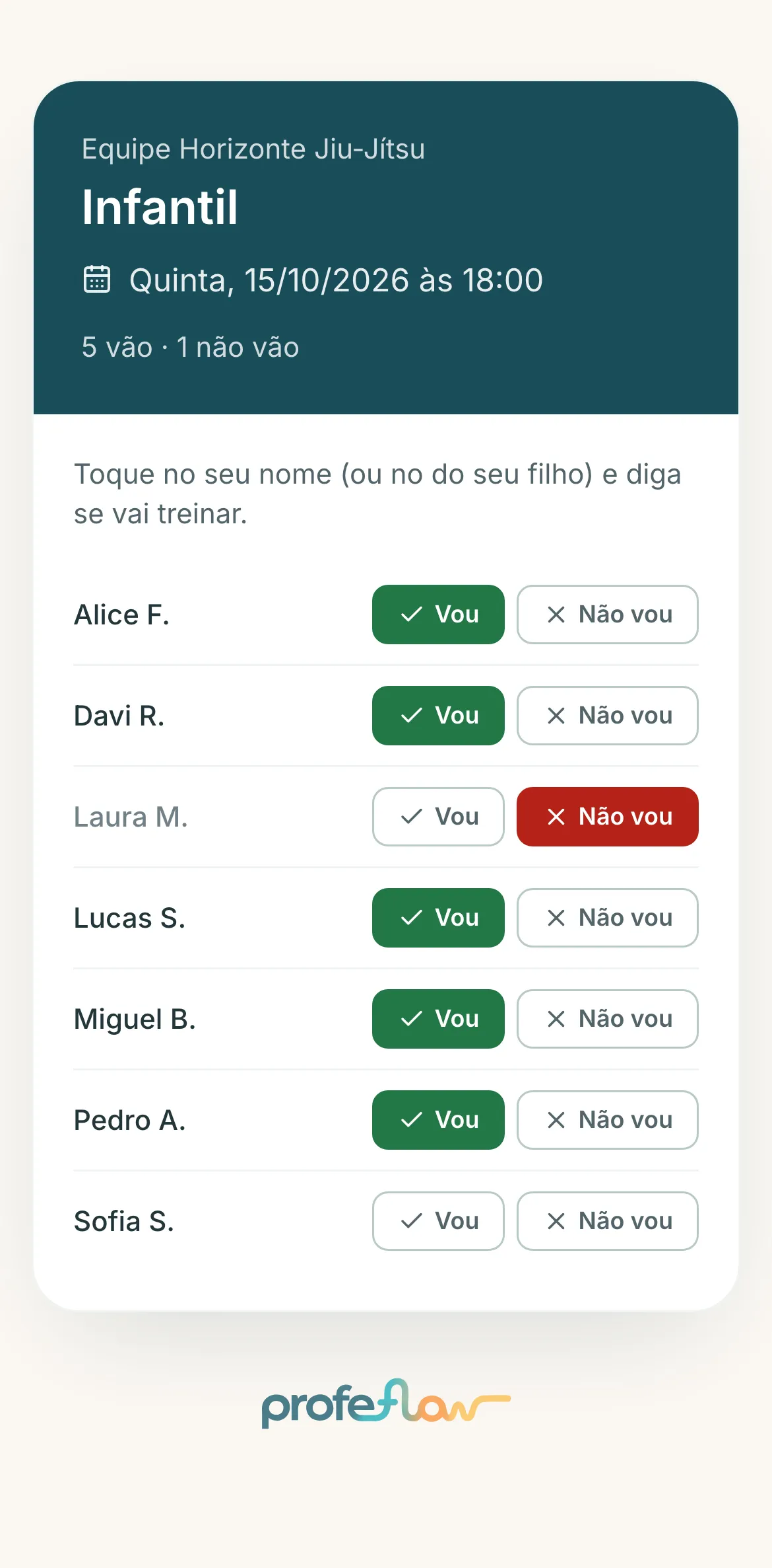 Lista "quem vai" aberta pelo link do grupo, com os botões Vou e Não vou