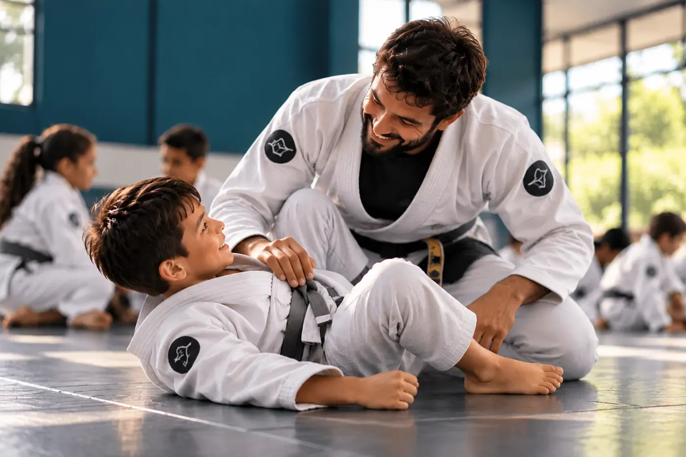 Professor de jiu-jítsu orientando um aluno no tatame